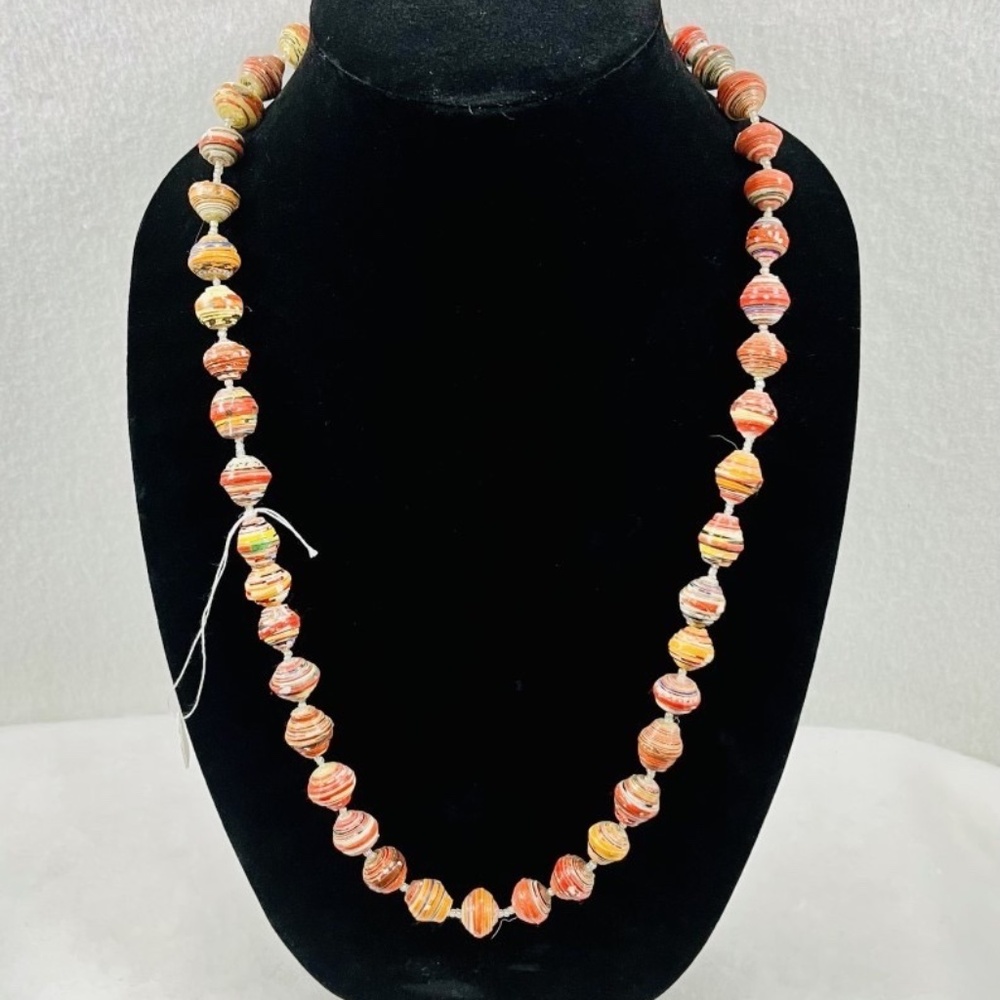 Handcrafted Rolled Paper Bead Necklace Orange Yellow Artisan Boho 28"